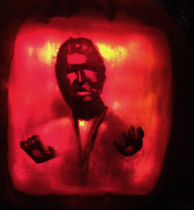 Pumpkin carving of Han Solo in carbonite